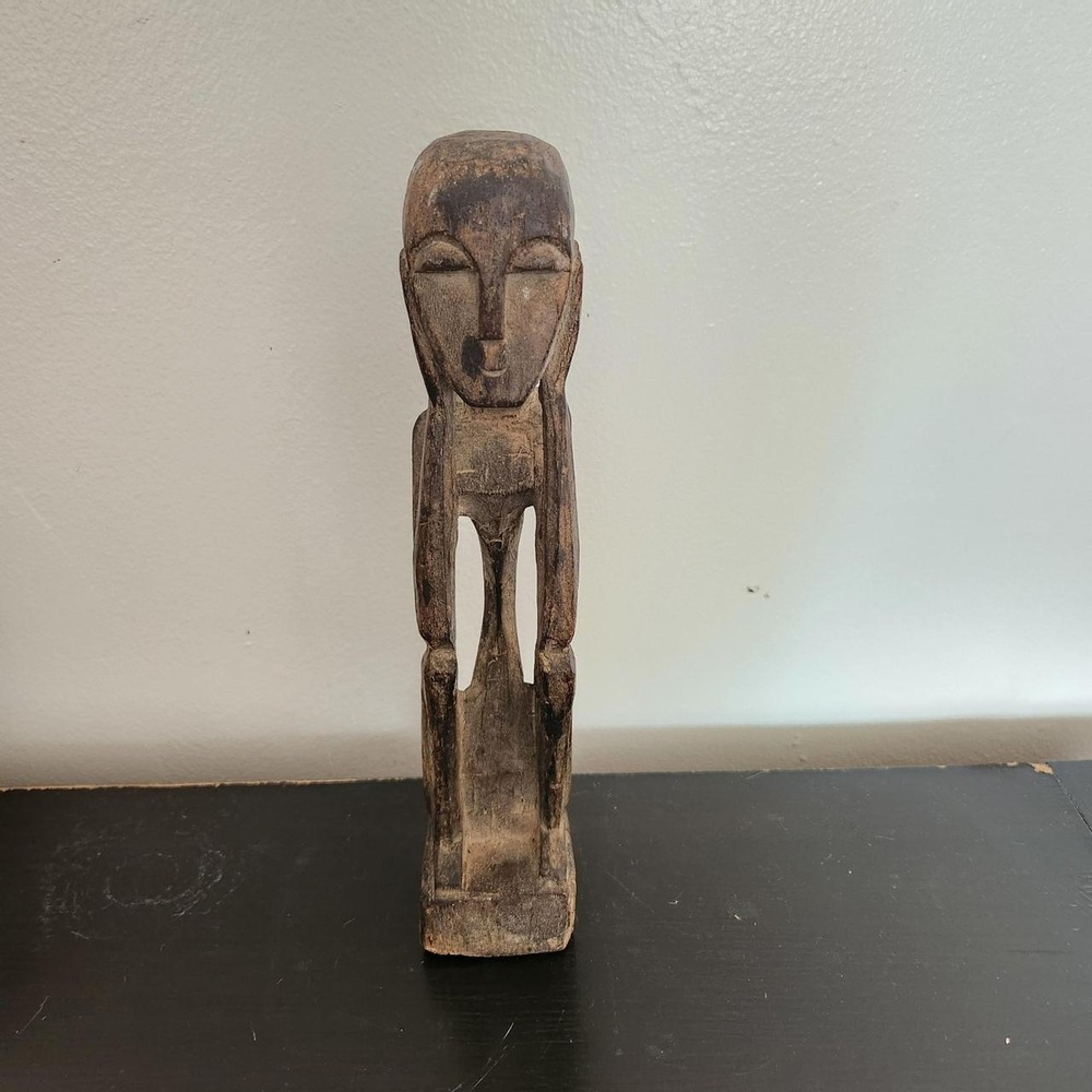 Vintage Hand-Carved Wooden Seated Figure – 10"